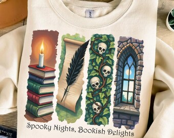 Spooky Nights Bookish Delights PNG ハロウィーン昇華、Book Lover PNG 昇華デザイン、Brushstrokes PNG、Spooky Season Book PNG デザイン