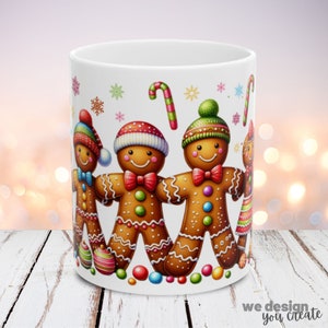May include: White ceramic mug featuring a festive gingerbread man design. The mug showcases several gingerbread men with colorful hats, bow ties, and candy cane accents. Snowflakes and colorful candies decorate the mug, perfect for the holiday season.