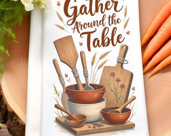 Diseño de sublimación de toalla de cocina "Reúnanse alrededor de la mesa", toalla de cocina PNG, decoración de cocina PNG, cocina rústica imprimible, estética bohemia