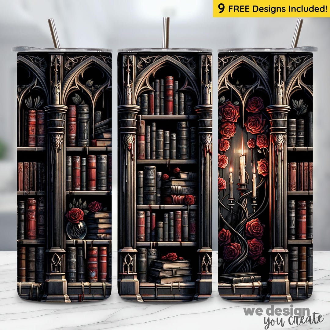 Gothic Bookcase Tumbler PNG, Dark Academia Wrap Roses Candle Design ...