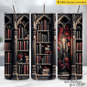 Gotische boekenkastbeker png, donkere Academia wrap rozen kaarsontwerp, 20oz magere beker sublimatieontwerp, gotische fantasy boekbeker, beker png