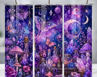 Purple Celestial Tumbler Wrap PNG, Moon Moth Crystal, Witchy Butterfly Sublimation, Mystical Mushroom Tumbler, Boho Magic PNG