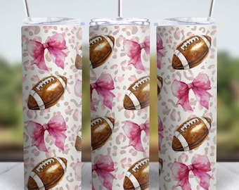 Footballs and Bows Skinny Tumbler Wrap PNG, 20oz Straight Tumbler Wrap Sublimation Design, Cheer Mama Tumbler, Coquette Bows, Leopard Print
