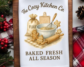 Cozy Kitchen Towel Sublimation Design, Baking Sublimation Design, Holiday Baking Hand Towel, Cute Kitchen Tea Towel, Rustic Dish Towel PNG