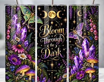 Inspirational Tumbler Wrap PNG, Purple Crystal 20oz Skinny Tumbler, Celestial Moth Sublimation, Witchy Tumbler, Mystical Floral PNG