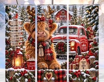 Highland Cow Christmas Tumbler Wrap, Cute Christmas Sublimation, Funny Cow 20oz Tumbler, Red Truck Holiday Wrap, Farmhouse Christmas PNG
