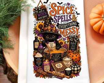Halloween Kitchen Towel PNG, Spice Spells & Everything Messy, Witch Cat Baking Sublimation, Cute Cat Baker PNG, Spooky Kitchen Decor