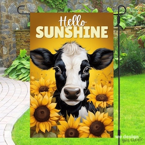 Hello Sunshine Cow Garden Flag PNG, Sunflower Sublimation Design, Farmhouse Decor, 300 DPI Digital Download, Spring Summer Decor 12x18 Flag