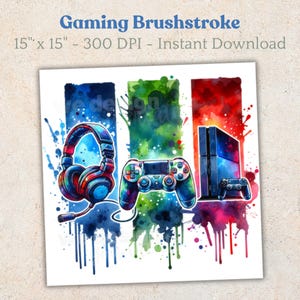 May include: A digital illustration of a gaming setup with a blue and red headset, a black video game controller, and a black video game console. The illustration is done in a watercolor style with splashes of color.