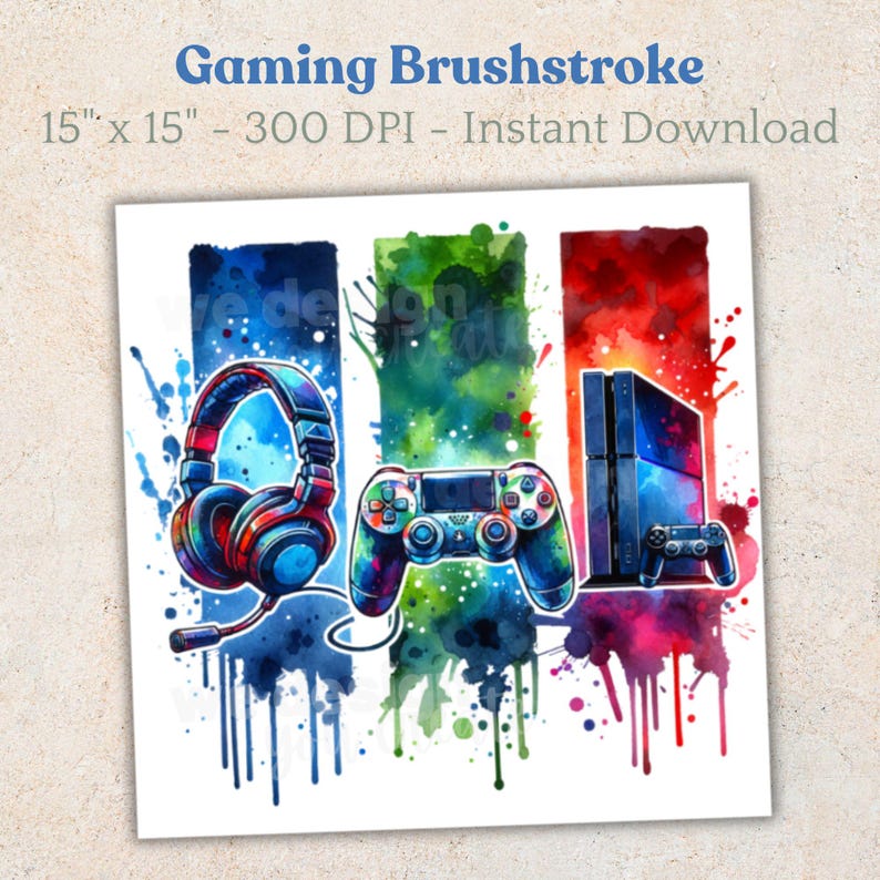 May include: A digital illustration of a gaming setup with a blue and red headset, a black video game controller, and a black video game console. The illustration is done in a watercolor style with splashes of color.