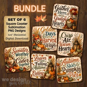 Puede incluir: Un conjunto de seis diseños de posavasos cuadrados para sublimación con temas otoñales que incluyen calabazas, linternas y follaje. El texto incluye frases como Gather Here With Grateful Hearts, Golden Days, Crisp Air y Autumn Skies.