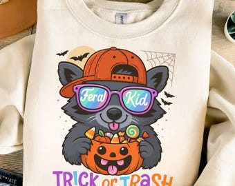 Feral Kid Halloween Sublimation PNG: Trick or Trash Raccoon Design, Digital Download for Kids, Toddler Tee Design, Spooky Season Graphic