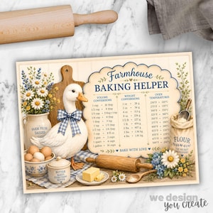 May include: A rectangular Farmhouse Baking Helper sign featuring a white duck with a blue gingham bow, a pitcher of daisies, a bowl of eggs, a butter dish, a rolling pin, and a flour sack. The sign displays volume, weight, and oven temperature charts.
