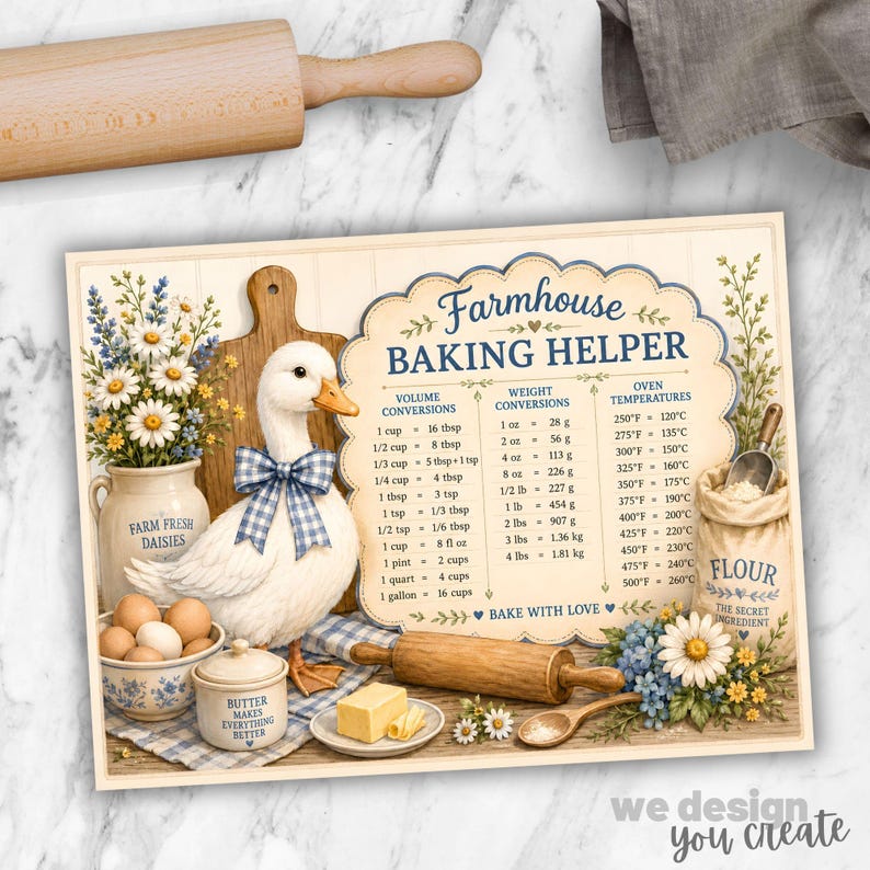 May include: A rectangular Farmhouse Baking Helper sign featuring a white duck with a blue gingham bow, a pitcher of daisies, a bowl of eggs, a butter dish, a rolling pin, and a flour sack. The sign displays volume, weight, and oven temperature charts.
