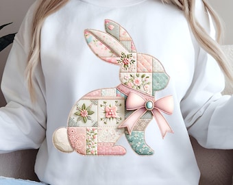 Coniglietto pasquale patchwork floreale PNG, fiocco civettuolo finto ricamo femminile PNG, Pasqua vintage PNG, coniglietto retrò disegno per sublimazione delle vacanze pasquali
