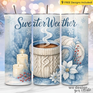 Puede incluir: Juego de tres vasos aislados de acero inoxidable con un diseño de temática invernal. El diseño presenta las palabras "Sweater Weather" en escritura azul, junto con ilustraciones de acuarela de velas, una taza de chocolate caliente y copos de nieve.