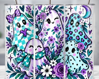 Cute Ghost Tumbler Wrap PNG, Purple Teal Halloween 20oz Skinny Tumbler, Floral Ghost Sublimation, Whimsical Spooky Season Wrap