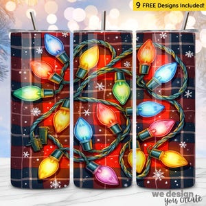 May include: A stainless steel tumbler featuring a festive design. The tumbler showcases a plaid pattern in red, black, and white, adorned with colorful Christmas lights and snowflakes. The text "9 FREE Designs Included!" is visible at the top.