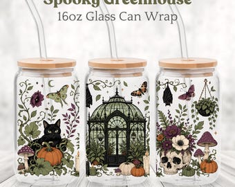 Spooky Glass Can Wrap PNG, Halloween 16oz Can Design, Gothic Floral Black Cat Skull Sublimation, Digital Download