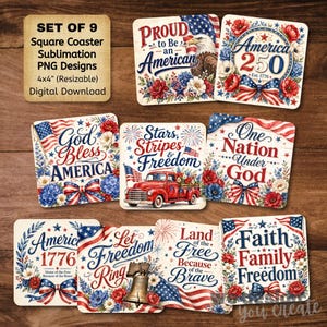 Puede incluir: Juego de nueve posavasos cuadrados con diseños patrióticos. Cada posavasos presenta banderas americanas, arreglos florales y frases como "Proud to be an American". Los posavasos miden 10,16 x 10,16 cm.