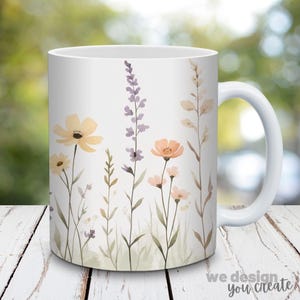 Boho Wildflower Mug Sublimation Design, 11oz & 15oz Mug Wrap, Floral Mug Wrap PNG, Watercolor Flower Mug Design, Instant Digital Download