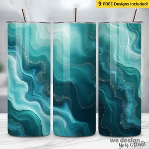 May include: Three stainless steel tumblers with lids and straws. Each tumbler features a teal and turquoise marbled design with silver accents. The text "9 FREE Designs Included!" is visible at the top, and "we design you create" is at the bottom.