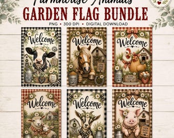Pacchetto di bandiere da giardino con animali da fattoria in formato PNG, disegni per sublimazione con animali da fattoria, bandiere di benvenuto in stile country, download digitali, bandiere da giardino 12x18