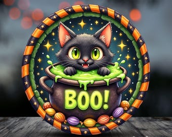 Halloween Black Cat Door Hanger PNG, Halloween Sublimation Design, Spooky Wreath Sign PNG, Cat Welcome Sign PNG, Cat Round Door Sign Graphic