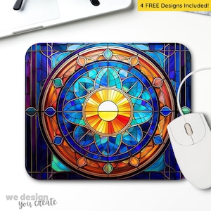May include: A colorful stained glass mouse pad with a circular design featuring a sun in the center. The sun is surrounded by blue, orange, and yellow glass pieces. The mouse pad is perfect for adding a touch of color to your desk.