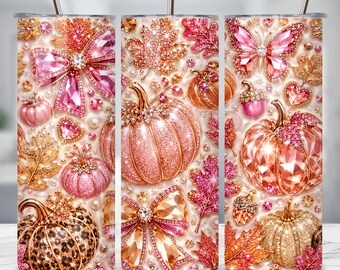 Adesivo per bicchiere termico con zucca rosa, adesivo per bicchiere termico autunnale PNG, design per bicchiere termico Coquette, sublimazione skinny da 20 oz, download digitale con zucca glitterata