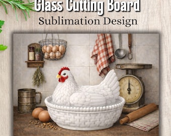 Hen in Basket Cutting Board Sublimation Design, Chicken Cutting Board PNG, Vintage Kitchen Decor, Farmhouse Decor, Country Kitchen Design