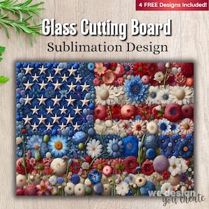 Floral American Flag Cutting Board Sublimation Design PNG, Patriotic Kitchen Decor, USA Pride Glass Cutting Board, Fourth of July PNG Design