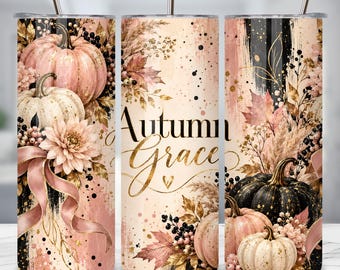 Autumn Grace Tumbler Wrap PNG, Pink Pumpkin 20oz Skinny Tumbler, Elegant Fall Sublimation, Blush Gold Pumpkin Wrap, Feminine Fall PNG