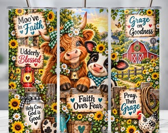 Christian Cow Tumbler Wrap PNG, Highland Cow Faith Sublimation, Faith Over Fear 20oz Tumbler, Farmhouse Christian PNG, Sunflower Cow Design