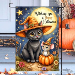 May include: A Halloween garden flag featuring a black cat and a mouse, both wearing witch hats, sitting on a path with a pumpkin. The background includes a full moon, stars, and the text "Witching you a Happy Halloween."