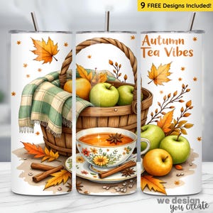 Autumn Tea Vibes Tumbler Sublimation Design, 20oz Straight Tumbler Wrap, Fall Leaves, Apples Basket Autumn Tumbler PNG, Cozy Season Fall PNG