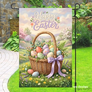Happy Easter Garden Flag PNG, Easter Basket Sublimation Design, Springtime Decor, Easter Egg PNG, 12x18 Inch Easter Flag Digital Download