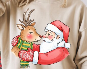 Jultomten & Renkram PNG Holiday Sublimation, Preppy Holiday Graphic, Festlig Tröja PNG, Jul Clipart, Söt Jultröja, Barntröja