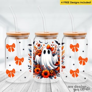 Autumn Floral Ghost 16oz Glass Cup Wrap, Glass Can Sublimation Design, 16oz Glass Cup PNG, Fall Ghost, Coquette Ghost Trendy PNG Sublimate