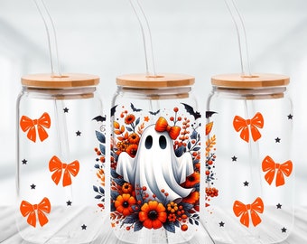 Autumn Floral Ghost 16oz Glass Cup Wrap, Glass Can Sublimation Design, 16oz Glass Cup PNG, Fall Ghost, Coquette Ghost Trendy PNG Sublimate