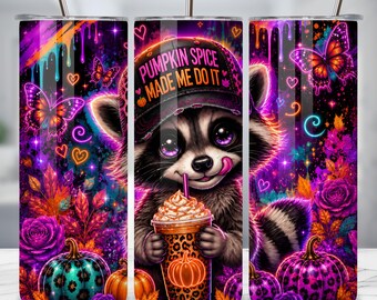 Pumpkin Spice Raccoon Tumbler Wrap PNG, 20oz Skinny Sublimation Design, Neon Fall Tumbler Wrap Digital Download