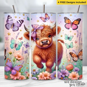 Highland Cow Tumbler Sublimation Design, Cute Cow & Butterfly 20oz Skinny Tumbler, Highlander Cow PNG, Butterfly Tumbler Seamless Design PNG