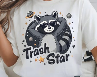 Trash Star Raccoon PNG, Funny Animal Tshirt PNG Design, Celestial Raccoon Clipart, Trendy Summer Shirt Design, Humorous PNG, Humor Shirt