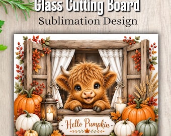 Tagliere con mucca delle Highlands PNG, design a sublimazione autunnale "Hello Pumpkin", decorazione rustica autunnale in stile fattoria, download digitale