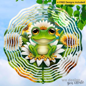 May include: A green frog with big eyes sits on a white flower with yellow centers. The frog is surrounded by sunflowers and green leaves. The image is a metal wind spinner with a layered design.