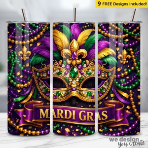 Mardi Gras Tumbler Wrap PNG: Jeweled Mask & Beads Design, 20oz Skinny Tumbler Sublimation, Purple Gold Green Design, Carnival Tumbler Png