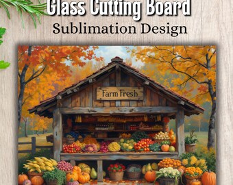 Farm Fresh Market Cutting Board PNG Design, Glass Cutting Board Sublimation Design PNG, Autumn Harvest Graphic, Country Chopping Board PNG