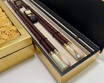 Rosewood Chopsticks set Lacquer Box Mother of Pearl Inlay Gold Accents, Wedding, Anniversary Gift