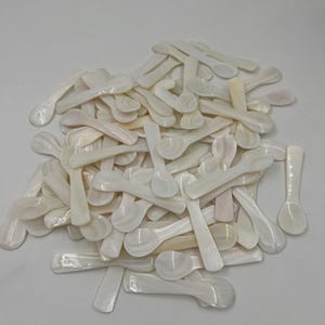 Puede incluir: Una gran colección de cucharas pequeñas de color blanco roto hechas de material de concha iridiscente. Cada cuchara presenta una superficie lisa y pulida con un brillo nacarado natural, un cuenco redondeado y un mango plano y fino.