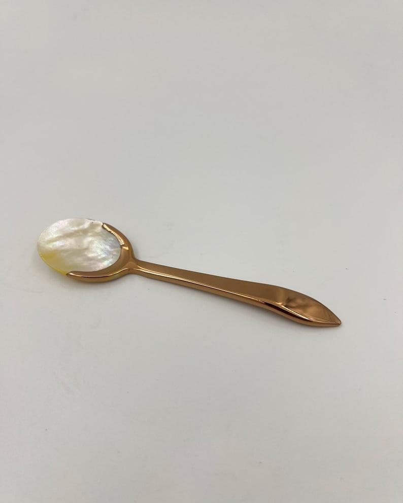 以下が含まれることがあります： 光沢のあるローズゴールドの金属製ハンドルと、虹色に輝く白いマザーオブパール（真珠母貝）のボウル部分を持つ小さなスプーン。スプーンは滑らかな曲線を描くデザインで、ハンドルの先端は尖っており、ボウル部分は丸みを帯びた光沢のある貝殻素材です。